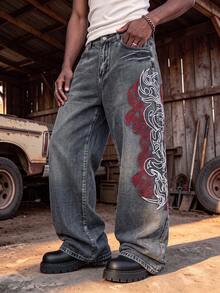 Men's Loose Wide Leg Jeans, Vintage Washed Black Denim Pants, Side Red & White Embroidery Pattern Design, Loose Y2K Hip Hop Streetwear - Black - View 4