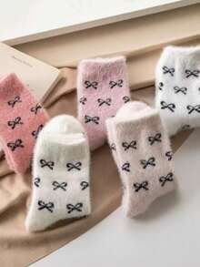5 Pairs Autumn/Winter Mink Fur Bow Mid-Calf Socks For Girls, Soft Plush Fleece Thickened Home Sleep Socks, Skin-Friendly Warm And Breathable, Multiple Colors Available, Fuzzy Soft Heat Retention, Cold Protection For Feet, Gentle Color Palette With Cozy Atmosphere - Multicolor - View 6