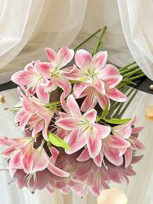 6 Bundles Artificial Pink Lily Bouquet, Suitable For Wedding Table Centerpiece Decoration, Home Decor Floral Arrangement, DIY Gift - Multicolor - View 1