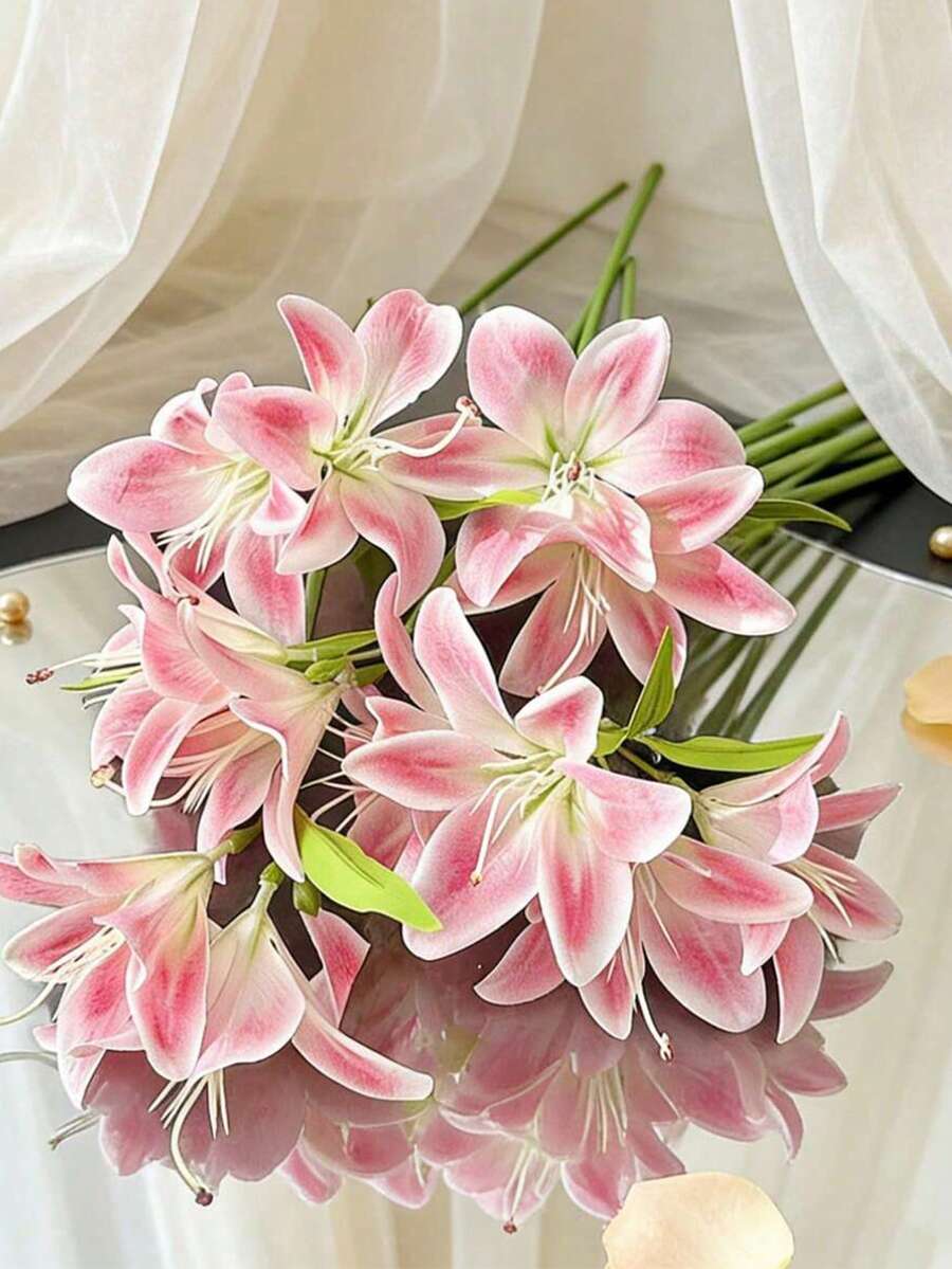 6 Bundles Artificial Pink Lily Bouquet, Suitable For Wedding Table Centerpiece Decoration, Home Decor Floral Arrangement, DIY Gift - Multicolor - View 1