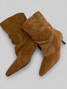 Women's Ruched Mid-Calf Boots, Pointed Toe Thin Kitten Heel Slip-On Ankle Boots, Comfortable For Daily Wear, Dating And Street Style - Khaki - View 3