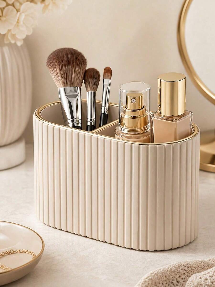 1PC Makeup Brush Holder/PU Leather Cosmetic Display Box/Retro Striped Makeup Brush Rack - Suitable For Vanity Decoration, Bathroom Countertop, Desk Storage Cosmetic Display Box (Cream) , Makeup Room Decor,Makeup Bag,Travel Essential - Multicolor - View 1