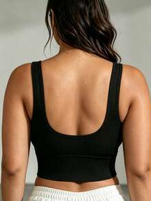 Plus Size Solid Color Jacquard Back Women's Sports Bra, Seamless High Elasticity Fitness Cropped Top - Black - View 1