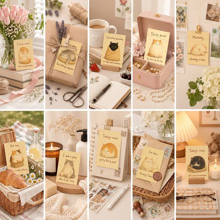 10pcs 10*12.7cm Aesthetic Cat Word Art Stickers Humorous Graphic Decals Card For Scrapbooking Wall Collage Gift Wrapping DIY Craft - 10Pcs - View 1
