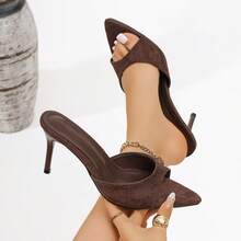 Women's Pointed Toe Mule Sandals, Brown Slip-On Open Toe Kitten Heel Shoes, Suitable For Formal And Casual Wear, Summer High Heel Shoes - Coffee Brown - View 9