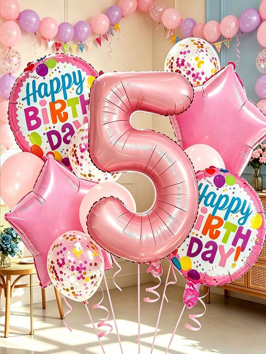 13pcs Light Pink Number Foil Balloons Set, Includes "Happy Birthday" Round And Star Foil Balloons And Confetti Latex Balloons, Sweet Girly Style Decoration, Suitable For Baby Girl Birthday, Baby Shower Or Birthday Photo Backdrop - View 1