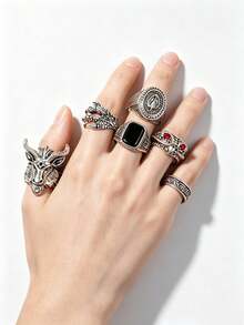15 Pcs Vintage Gothic Punk Rings Set, Antique‑Silver Animal Claw Dragon Carved Black Oil Drop Red Rhinestone Stackable Finger Rings For Men - Vintage Engraved Drip Ring - View 8