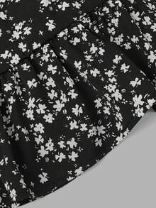 Gaun Wanita Motif Bunga Kecil Musim Gugur Panjang Sedang, Lengan Pendek Mengembang dengan Rok A-Line Berumbai (Sabuk Tidak Termasuk) - Hitam - View 6
