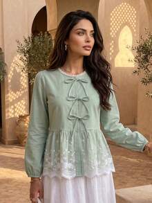 Women's Spring/Autumn Elegant Romantic Casual Sweet Bow Round Neck 3/4 Sleeve High Waist Embroidered Patchwork Blouse, Versatile Shirt For Commuting, Dating, Party, Holiday, Vacation, Daily Wear, Tops, Fall Tops - Green - View 2