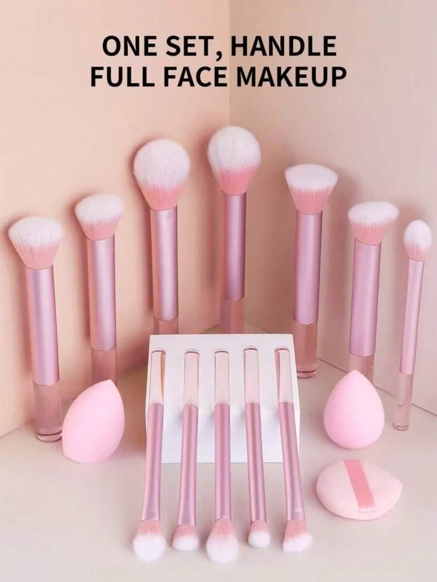 15pcs Professional Makeup Brush Set, 12pcs Aluminum Tube Makeup Brushes With 2 Large Makeup Sponges And 1 Powder Puff, Foundation Contour Blush Eyeshadow Highlighter Brushes, Complete Makeup Kit For Beginners, Ideal Gift For Girls - Multicolor - View 1