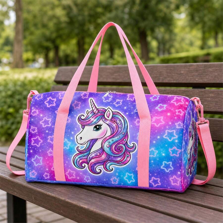 Galaxy獨角獸與星星印花旅行行李包,適合女孩與兒童,粉色拉鍊手提包附頂部提把與肩帶,適合舞蹈與露營 - 獨角獸-3 - 查看 1