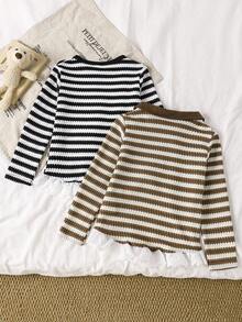 2pcs Autumn/Winter 3-7Y Girls Striped Jacquard Lace Long Sleeve Base Layer, Suitable For Daily Wear, Cute Casual, Student School Outfit Long Sleeve - Brown - View 3