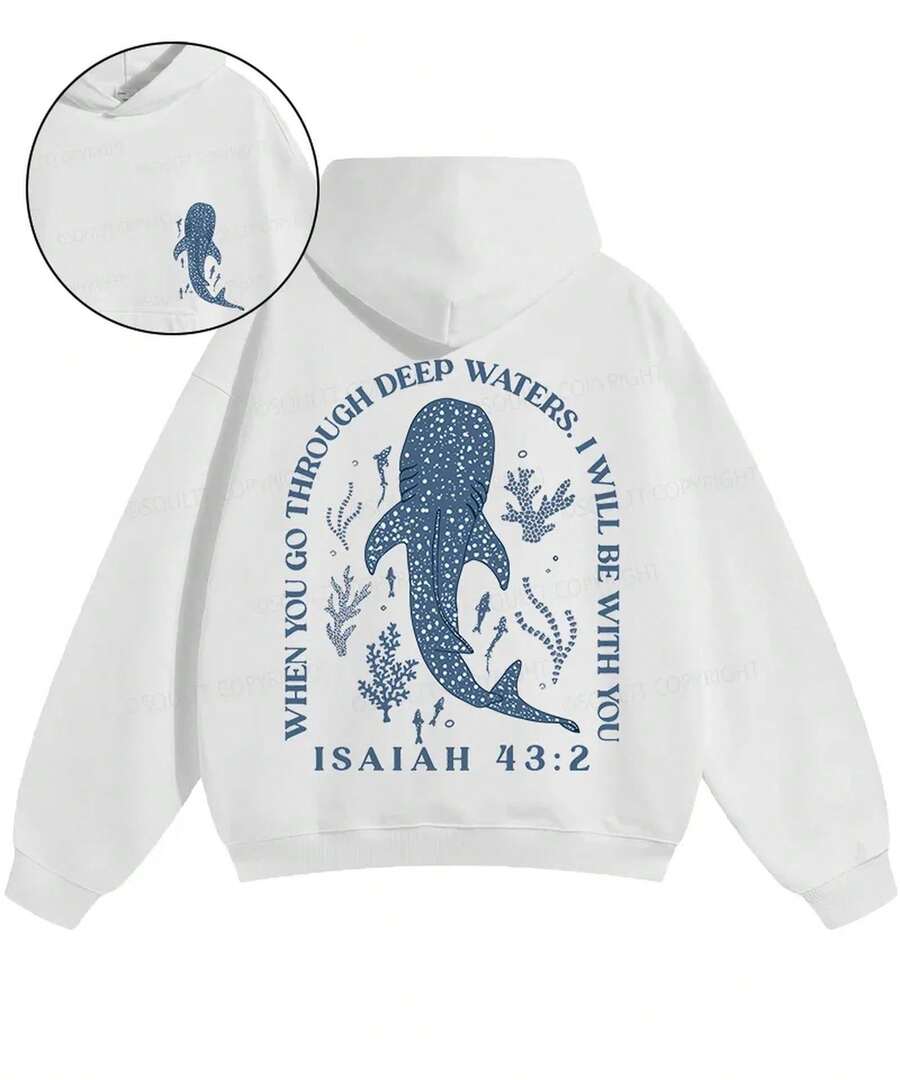 Whale Shark ISAIAH 43:2 Printed Hoodies Harajuku Fashion Streetwear Fall Long Sleeves Fleece Hooded Pullover Men Women Clothing,Essentials,Jyghnvb - White - View 1