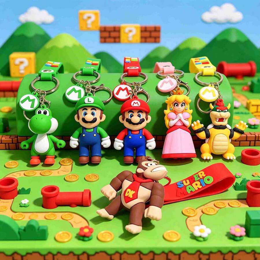 SUPER MARIO BROS. 1 قطعة سلسلة مفاتيح معلقة بصورة شخصية أنمي كرتونية سوبربروس أميرة، سلسلة مفاتيح لحقيبة الظهر وحقيبة السيارة، هدية مثالية للعطلات للعائلة والأصدقاء - متعدد الألوان - مشاهدة 1
