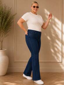Push Up Tummy Hide High Waist Washed Blue Flare Leg Plus Size Woman Denim Jean - Navy Blue - View 4