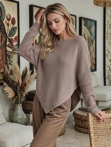 NiceArt Women's Autumn/Winter Brown Vintage Batwing Sleeve Knit Sweater, Boat Neck Diagonal Ribbed Knit Asymmetrical Hem Pullover, Autumn Outfit, Office Commute, Social - Mocha Brown - View 7