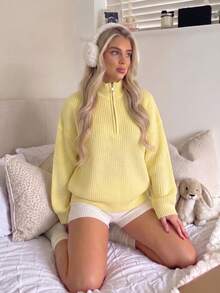 Women's Simple Ribbed Solid Color Casual Korean Textured Commuter Loose Versatile Stand Collar Zipper Half-Placket Pullover Long Sleeve Yellow Fall - Yellow - View 3