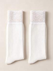 2/4 Pairs White Over-Knee Socks With Lace Patchwork – Solid Versatile Style. Great With Skirts, Boots & Casual Looks. - Multicolor - View 7