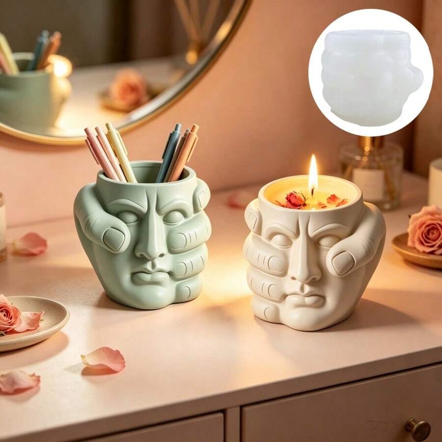 SUPWANPENG Abstract Hand-Held Face Silicone Mold, Creative Face & Hand Shape Silicone Mold For DIY Cement Succulent Planter, Pen Holder, Aromatherapy Candle Jar, Resin Casting Desktop Art Decor Mold - A - View 1