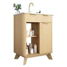 61 Cm Freestanding Bathroom Cabinet With Decorative Wave Design, Warm Natural Wood Tone, 3 Drawers And Sliding Door With Shelf – Faucet Not Included - Natural Color - View 1