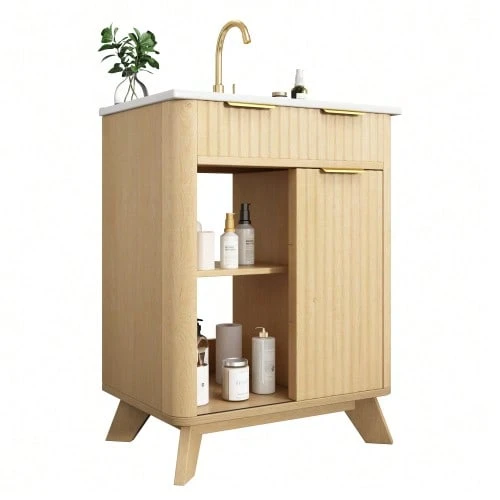 61 Cm Freestanding Bathroom Cabinet With Decorative Wave Design, Warm Natural Wood Tone, 3 Drawers And Sliding Door With Shelf – Faucet Not Included - Natural Color - View 1