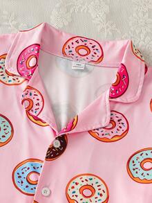 Tween Girl Fashion Casual Comfortable Cute Skin-Friendly Colorful Donut Digital Print Long Sleeve Cardigan & Pants Set, Suitable For Autumn/Winter Home & Daily Wear - Pink - View 4