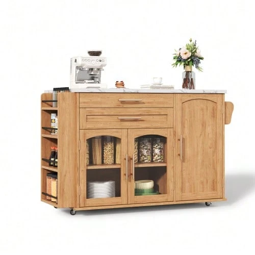 Mobile Kitchen Island With Foldable Work Surface, Kitchen Cart, 5 Wheels, Multiple Storage Solutions, Spice Rack, Cutlery Drawer, 120 X 45 (70) X 90 Cm - Natural Color - View 1