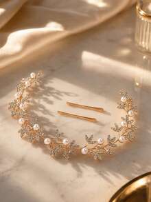 1pc Women's Pearl Alloy Rhinestone Headband, Bridal Wedding Princess Hair Accessory, Suitable For Party, Birthday, Ceremony, Valentine's Day Gift - Gold - View 2