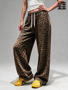 mulinsen Soft Silky Draping Leopard Print Wide Leg Pants, Elastic Waist Drawstring Loose Casual Straight Leg Long Pants, Suitable For Daily Streetwear - Khaki - View 7