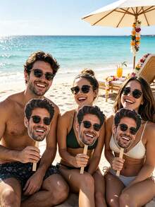 Custom Large Handheld Face Sign - Personalized Hollow Design, Printed With Groom And Bride's Faces, Head Image Mounted On Handle - Multicolor - View 6