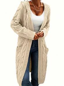 Cream White Mid-Length Knitted Cardigan Sweater For Women, Solid Color With Pockets - Off-white - View 1
