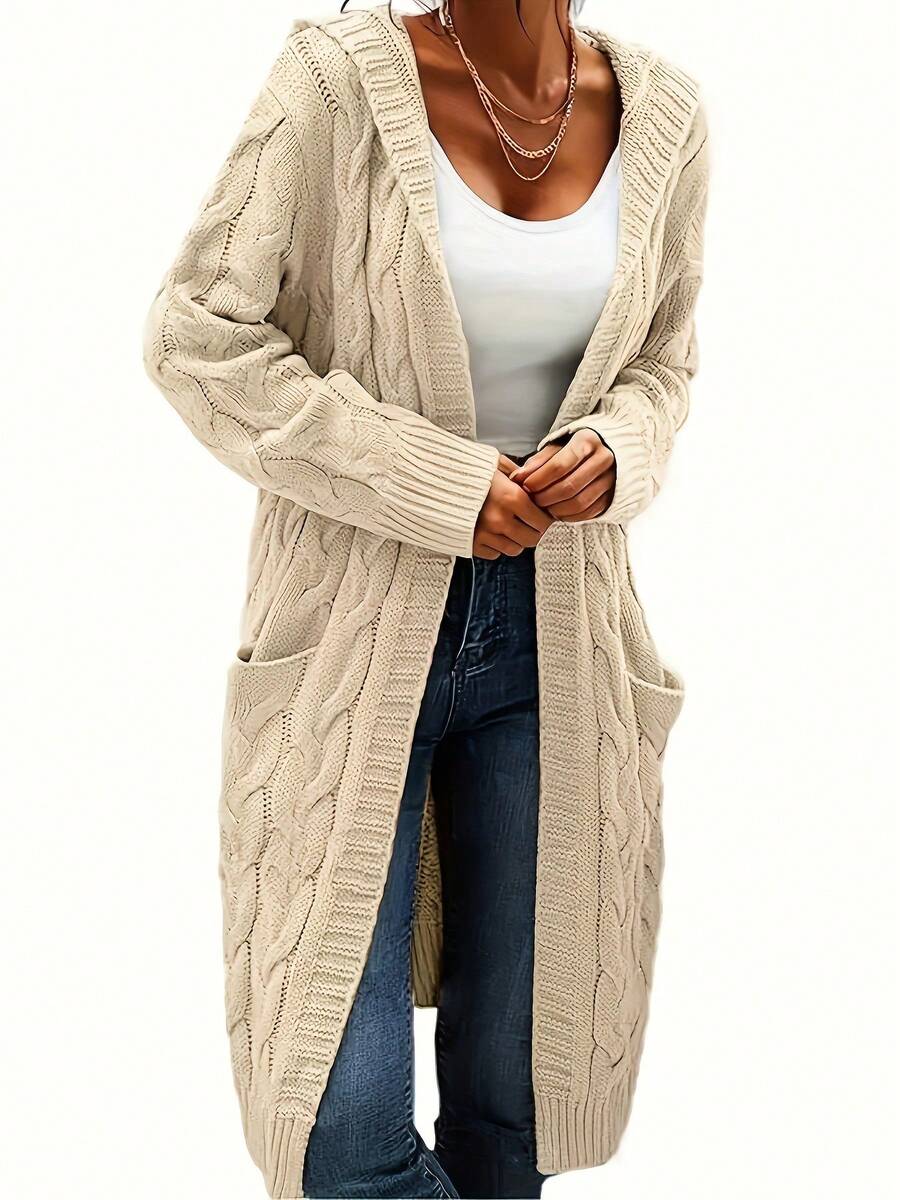 Cream White Mid-Length Knitted Cardigan Sweater For Women, Solid Color With Pockets - Off-white - View 1
