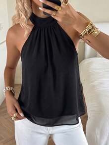 1pc Woven Fabric Elegant Ladies Shirt, Suitable For Dates, Holidays, And Everyday Wear Black Summer - Black - View 7