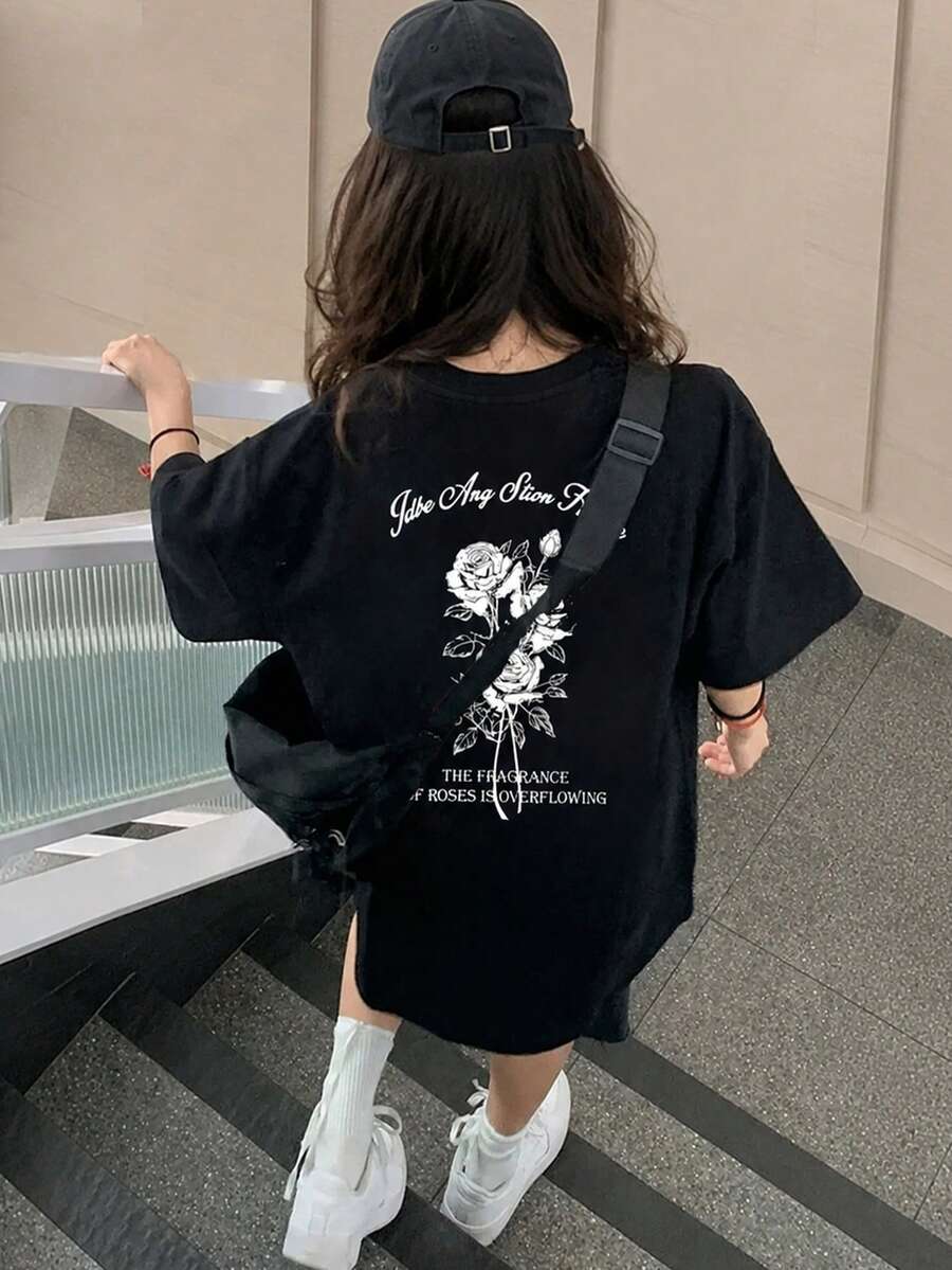 Women's Round Neck Loose Casual Letter & Rose Flower Print Short Sleeve T-Shirt, Spring/Summer Black - Black - View 1