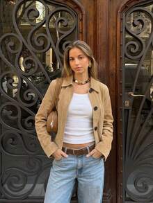 Jaket Pendek dengan Dekorasi Saku Kerah Kulit Suede - Khaki - View 2
