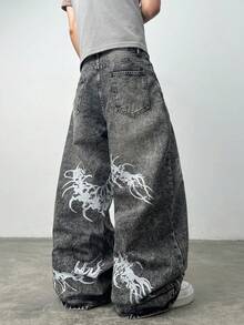 1pc Justice Brother Casual Personalized Print American Street Style Men's Distressed Wide Leg Jeans, Loose Fit Versatile Trousers (Belt And Accessories Not Included) - Grey - View 6