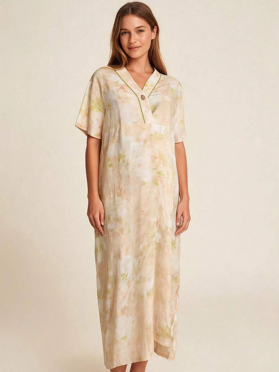 Hart & Haze 1pc Women V-Neck Comfortable Maternity Nightgown, Summer - Apricot - View 1