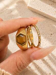 Juego de 3 anillos para mujer de estilo Old Money con piedra natural grande, accesorio de streetwear para otoño/invierno, regalo festivo - Dorado - Ver 11