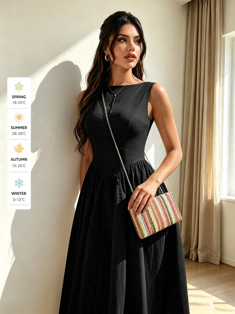 QIANZHIDU SUNSTORY Women's Autumn Black Boat Neck Sleeveless Cinched Waist A-Line Midi Dress, Suitable For Dates, Parties, Homecoming, Daily Wear