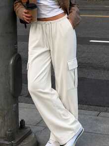 Autumn/Winter Green Suede Wide Leg Cargo Pants With Elastic Waist Drawstring Loose Drape Casual Slouchy Women's Long Pants White - White - View 2