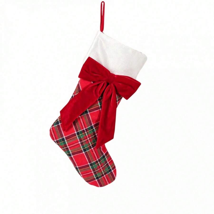 Red Christmas Stockings Retro Plaid Bow Hanging Decorative Socks For Mantel - Green - View 1