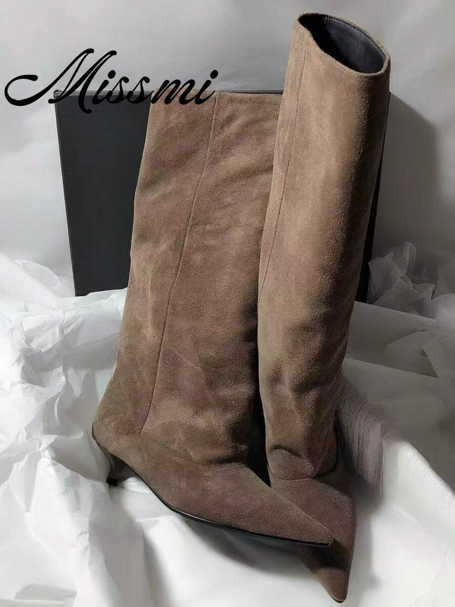 French Blogger Style Pointed Toe Wide Shaft Knee-High Boots, Nordic Kitten Heel Riding Boots For Women