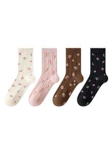 ZUJO 4 Pairs Sweet Women's Lace Mid-Calf Socks, Ditsy Floral Pattern With 3D Textured Cable Knit, Simple And Comfortable, Suitable For Spring, Autumn And Winter Wear - Multicolor - View 7