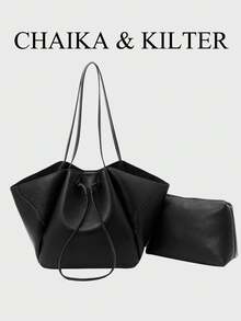 CHAIKA & KILTER 2pcs Solid Color PU Fabric Shoulder Bag Women's Casual Large Capacity Tote Bag BOOK Bag Double Handle Design Magnetic Closure Suitable For Travel, Shopping, Dating, Women's Gift, Suitable For Teenage Girls, College Students, Beginners And White-Collar Workers, Perfect For Office, Campus, Work, Business, Commute, Outdoor, Travel, Outing - Black - View 2