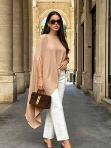 Women's New Fashionable Simple Elegant Casual Solid Color Asymmetric Round Neck Batwing Sleeve Flowing Hem Street Style Versatile Design Top, Spring Summer - Khaki - View 1
