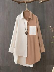 Women's Plus Size Long Sleeve Shirt, Single-Breasted Pocket Top, Contrast Color Design - Khaki - View 2