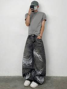 1pc Justice Brother Casual Personalized Print American Street Style Men's Distressed Wide Leg Jeans, Loose Fit Versatile Trousers (Belt And Accessories Not Included) - Grey - View 8
