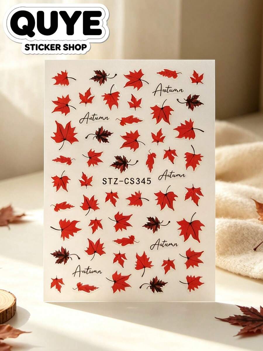 1 Set Decor Stickers, Journaling Supplies, Metallic Phone Stickers, Stickers Aesthetic, Autumn Red Maple Leaf Motif, Handwritten Letter Ornamental Graphics, For Ipad, Phone Case, Camera, Water Cup, Gift Card - STZ-cS345- - View 1