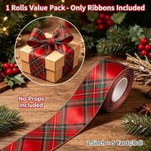 5yd/63mm(2.5inch) Glossy Satin Wired Ribbon, Christmas Red & Green Plaid, Bow Ribbon, Burlap, For Party Decoration/Party Wreath/Handmade/Bow Making/Home Decor - Holiday Ribbon Set - View 11