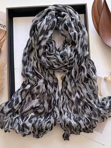 1pc Thick Crinkle Leopard Pattern Polyester Bali Voile Scarf 80*180cm, Faux Linen‑Cotton Feel, Fall Winter Multi‑Use Shawl For Travel Party Outing - Multicolor - View 11